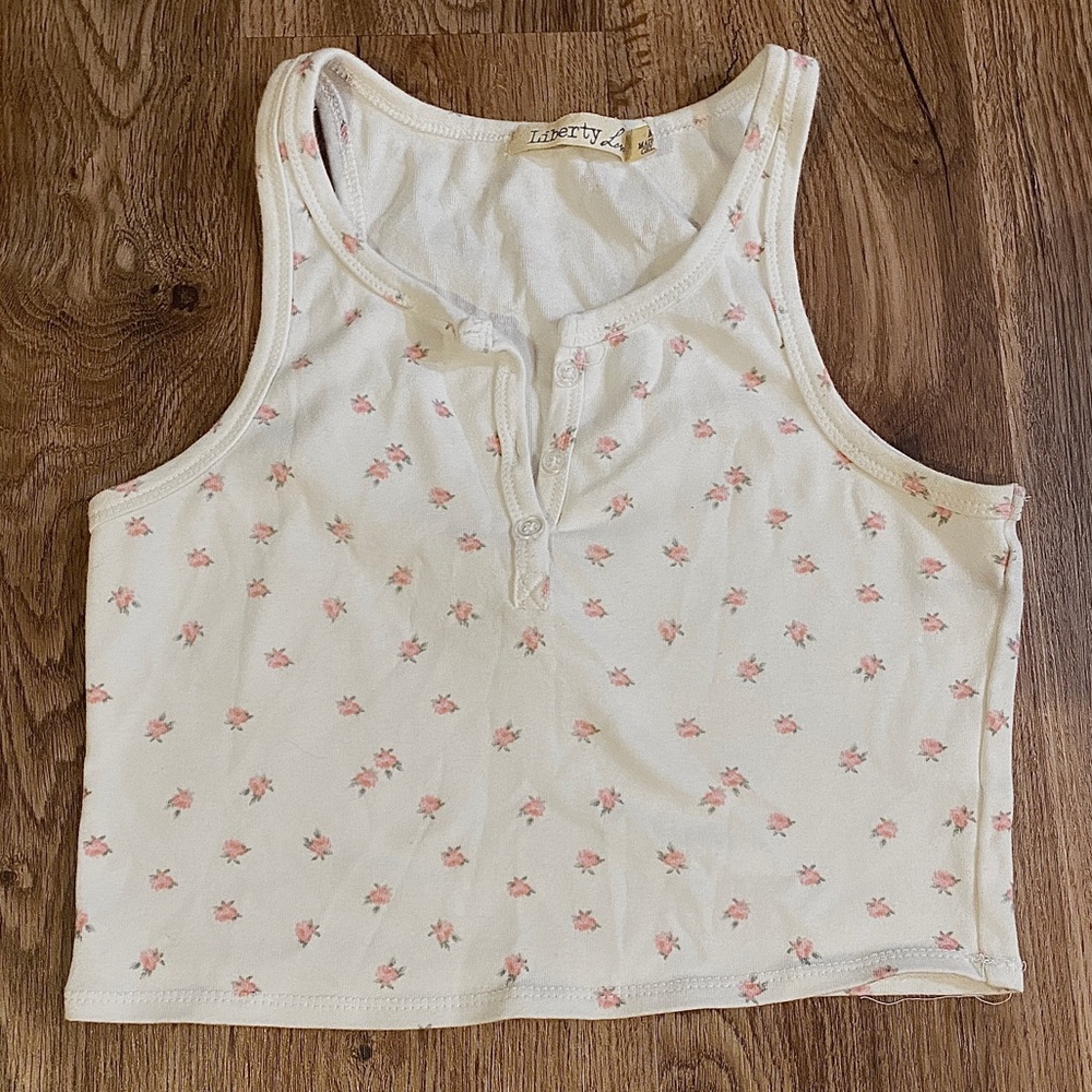 White Button-up Tank with Pink Flowers